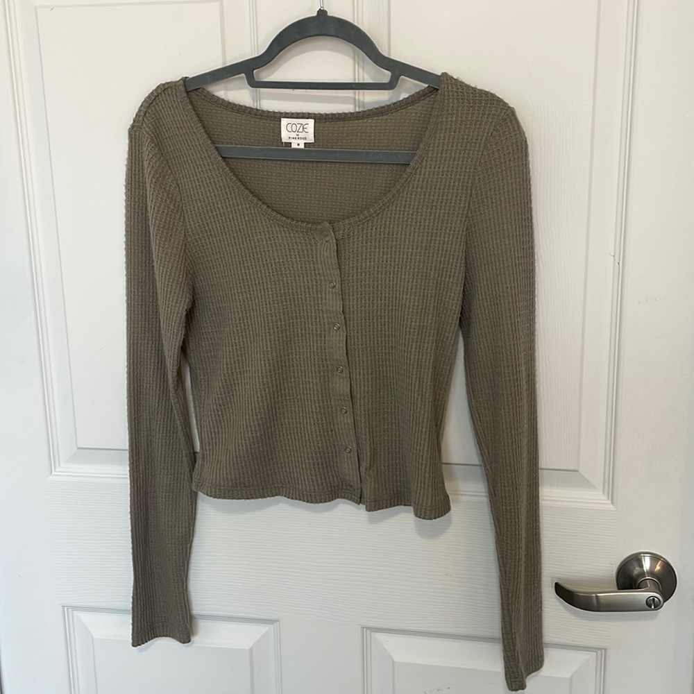 Green Waffle Knit Cropped Long Sleeve